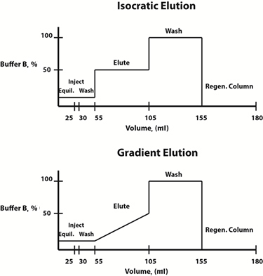 Example buffer composition diagrams for isocratic (top) and gradient (bottom) elution protocols.